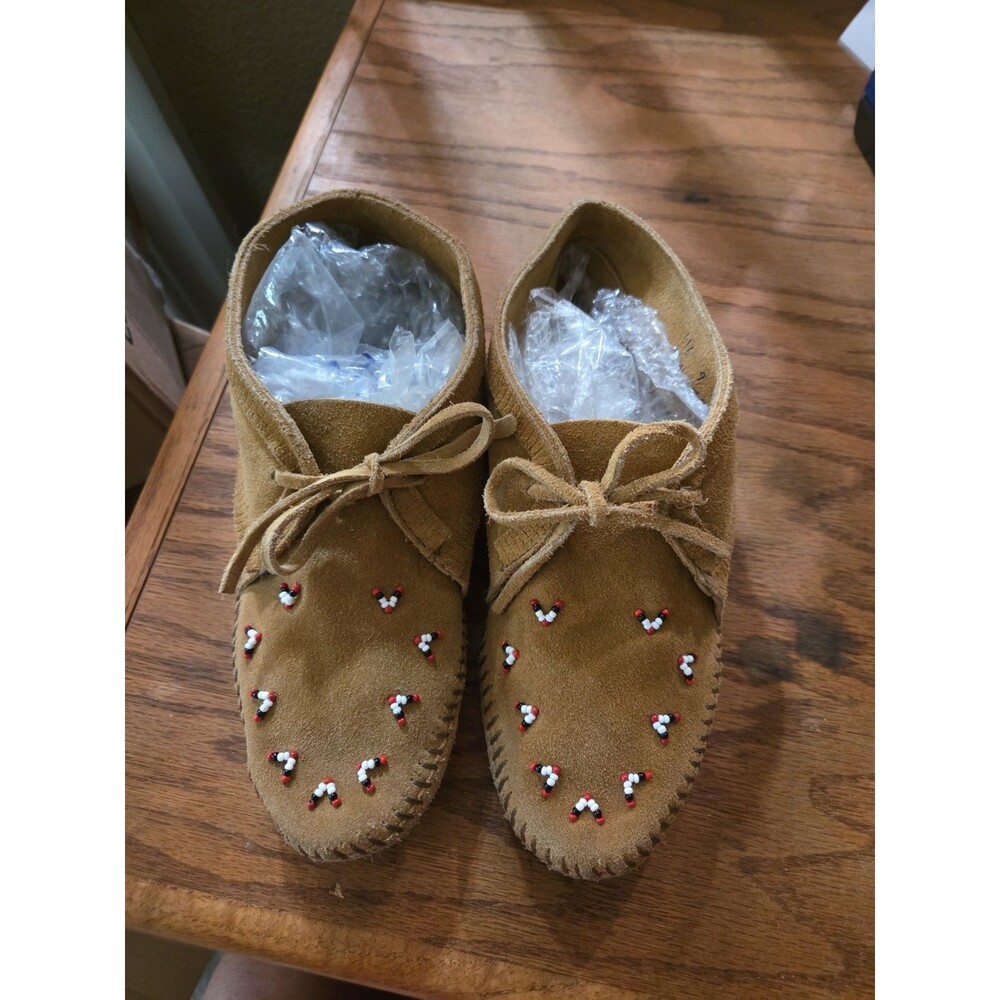 VINTAGE MINNETONKA BROWN LEATHER WOMENS SOFT SOLE BEADED MOCCASIN BOOTIE SZ 9